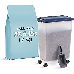 IRIS WeatherPro Airtight Dog, Cat, Bird & Small-Pet Food Storage Bin Container with Attachable Casters, Navy, 37.5-lb
