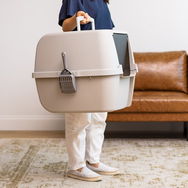 Show full view: IRIS Portable Hooded Cat Litter Box with Scoop & Handle, Gray, Large slide 9 of 11