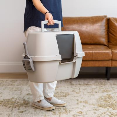 Show full view: IRIS Portable Hooded Corner Cat Litter Box with Scoop & Handle, Gray, Large slide 9 of 11