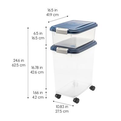 Show full view: IRIS 2-Piece WeatherPro Airtight Stackable Dog, Cat & Bird Food Storage Container Combo & Treat Box, Clear/Navy, 35-lb slide 3 of 12