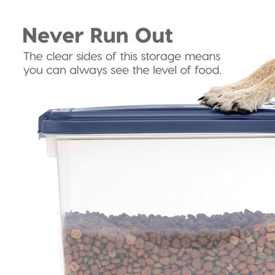 Show full view: IRIS 2-Piece WeatherPro Airtight Stackable Dog, Cat & Bird Food Storage Container Combo & Treat Box, Clear/Navy, 35-lb slide 7 of 12
