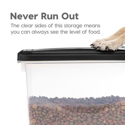 Show full view: IRIS 3-Piece WeatherPro Airtight Stackable Dog, Cat & Bird Food Storage Container Combo with Scoop & Treat Box, Clear/Black, Medium slide 8 of 11