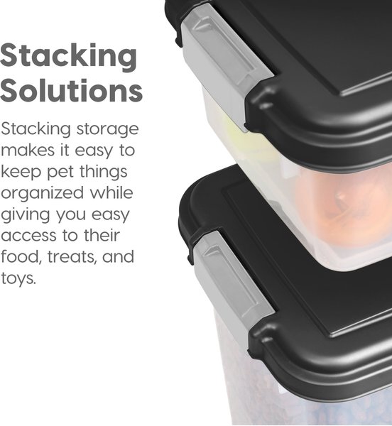 Show full view: IRIS 3-Piece WeatherPro Airtight Stackable Dog, Cat & Bird Food Storage Container Combo with Scoop & Treat Box, Black, Medium slide 9 of 11