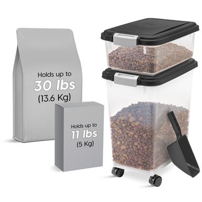 Show full view: IRIS 3-Piece WeatherPro Airtight Stackable Dog, Cat & Bird Food Storage Container Combo with Scoop & Treat Box, Clear/Black, Medium slide 2 of 11