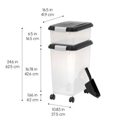 Show full view: IRIS 3-Piece WeatherPro Airtight Stackable Dog, Cat & Bird Food Storage Container Combo with Scoop & Treat Box, Clear/Black, Medium slide 3 of 11