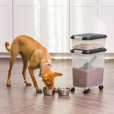 Show full view: IRIS 3-Piece WeatherPro Airtight Stackable Dog, Cat & Bird Food Storage Container Combo with Scoop & Treat Box, Clear/Black, Medium slide 4 of 11