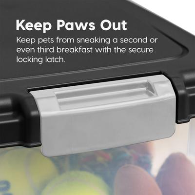 Show full view: IRIS 3-Piece WeatherPro Airtight Stackable Dog, Cat & Bird Food Storage Container Combo with Scoop & Treat Box, Clear/Black, Medium slide 6 of 11