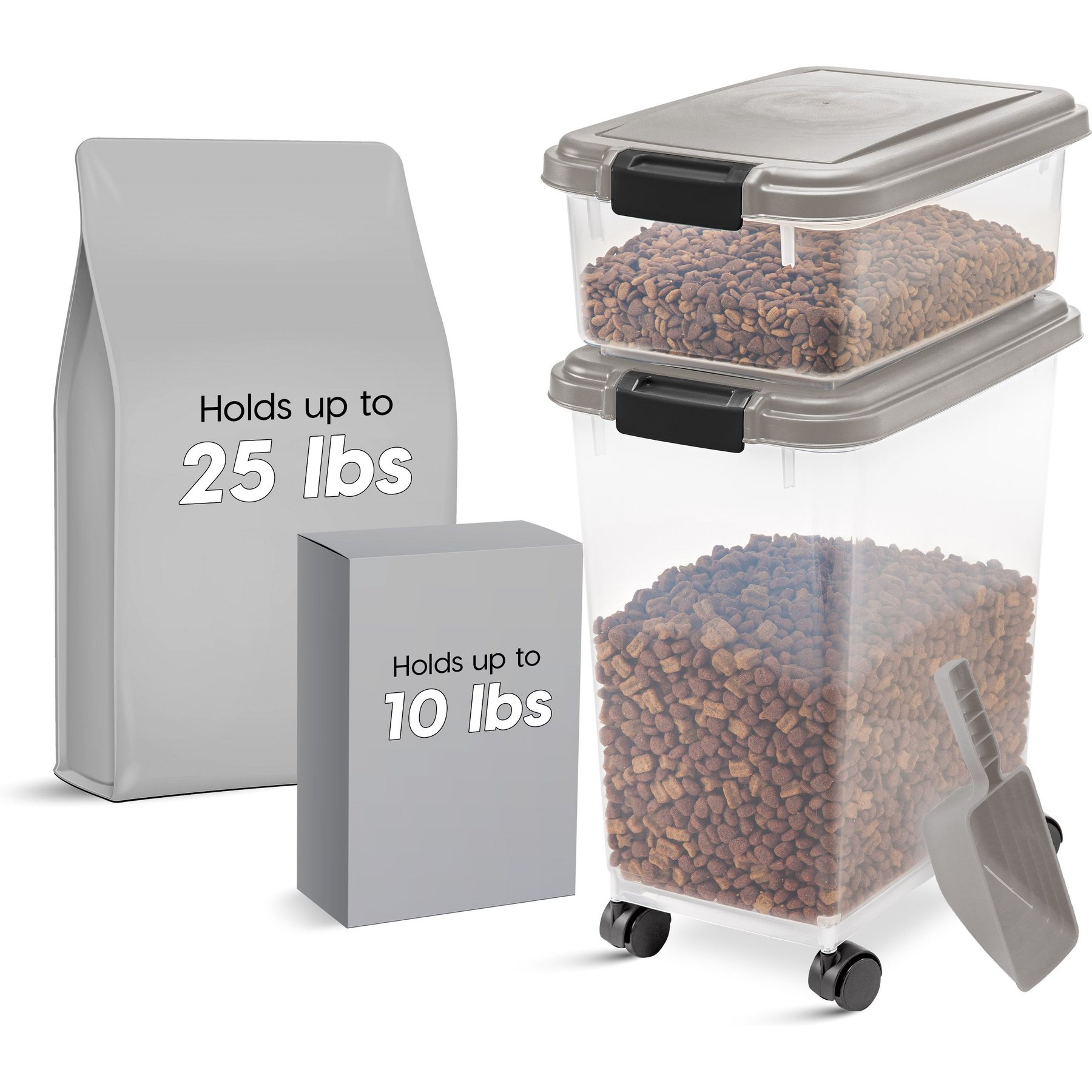 IRIS 3-Piece WeatherPro Airtight Stackable Dog, Cat & Bird Food Storage Container Combo with Scoop & Treat Box, Clear/Gray, 35-lbs/45-qt