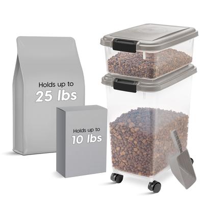 Show full view: IRIS 3-Piece WeatherPro Airtight Stackable Dog, Cat & Bird Food Storage Container Combo with Scoop & Treat Box, Clear/Gray, 35-lbs/45-qt slide 1 of 10