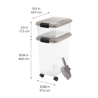 Show full view: IRIS 3-Piece WeatherPro Airtight Stackable Dog, Cat & Bird Food Storage Container Combo with Scoop & Treat Box, Clear/Gray, 35-lbs/45-qt slide 2 of 10