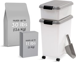 IRIS 3-Piece WeatherPro Airtight Stackable Dog, Cat & Bird Food Storage Container Combo with Scoop & Treat Box, Pearl/Gray, 41-lb slide 2 of 9