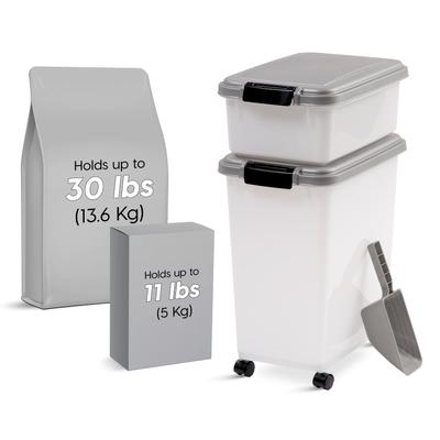 Show full view: IRIS 3-Piece WeatherPro Airtight Stackable Dog, Cat & Bird Food Storage Container Combo with Scoop & Treat Box, Pearl/Gray, 41-lb slide 2 of 11