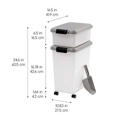 Show full view: IRIS 3-Piece WeatherPro Airtight Stackable Dog, Cat & Bird Food Storage Container Combo with Scoop & Treat Box, Pearl/Gray, 41-lb slide 3 of 11