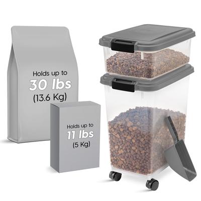 Show full view: IRIS 3-Piece WeatherPro Airtight Stackable Dog, Cat & Bird Food Storage Container Combo with Scoop & Treat Box, Clear/Dark Gray, 35-lbs/45-qt slide 3 of 11