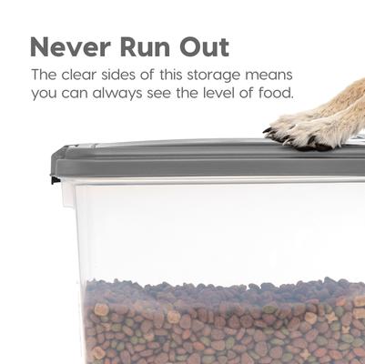Show full view: IRIS 3-Piece WeatherPro Airtight Stackable Dog, Cat & Bird Food Storage Container Combo with Scoop & Treat Box, Clear/Dark Gray, 35-lbs/45-qt slide 6 of 11
