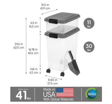 Show full view: IRIS 3-Piece WeatherPro Airtight Stackable Dog, Cat & Bird Food Storage Container Combo with Scoop & Treat Box, Clear/Dark Gray, 35-lbs/45-qt slide 7 of 11
