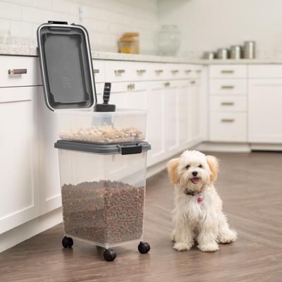 Show full view: IRIS 3-Piece WeatherPro Airtight Stackable Dog, Cat & Bird Food Storage Container Combo with Scoop & Treat Box, Clear/Dark Gray, 35-lbs/45-qt slide 8 of 11