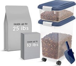 IRIS 3-Piece WeatherPro Airtight Stackable Dog, Cat & Bird Food Storage Container Combo with Scoop & Treat Box, Clear/Navy, 35-lbs/45-qt