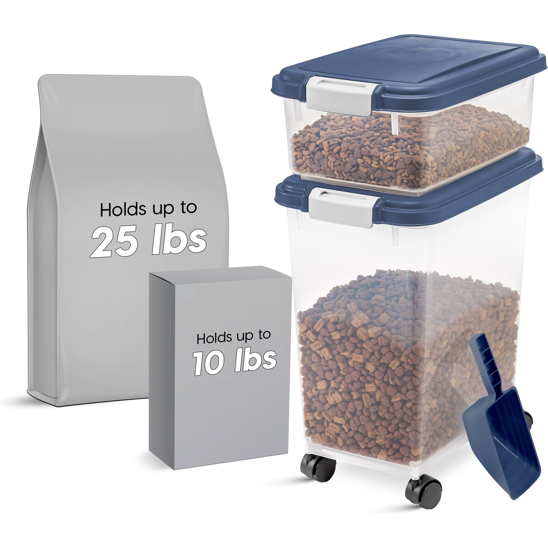 IRIS 3-Piece WeatherPro Airtight Stackable Dog, Cat & Bird Food Storage Container Combo with Scoop & Treat Box, Clear/Navy, 35-lbs/45-qt