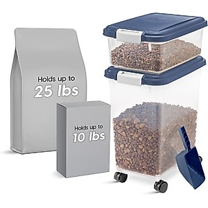 IRIS 3-Piece WeatherPro Airtight Stackable Dog, Cat & Bird Food Storage Container Combo with Scoop & Treat Box, Navy, 35-lbs/45-qt