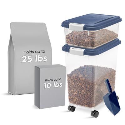 Show full view: IRIS 3-Piece WeatherPro Airtight Stackable Dog, Cat & Bird Food Storage Container Combo with Scoop & Treat Box, Clear/Navy, 35-lbs/45-qt slide 1 of 12