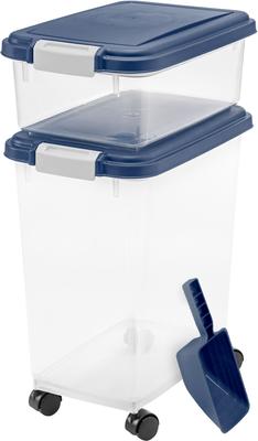 Show full view: IRIS 3-Piece WeatherPro Airtight Stackable Dog, Cat & Bird Food Storage Container Combo with Scoop & Treat Box, Clear/Navy, 35-lbs/45-qt slide 9 of 12
