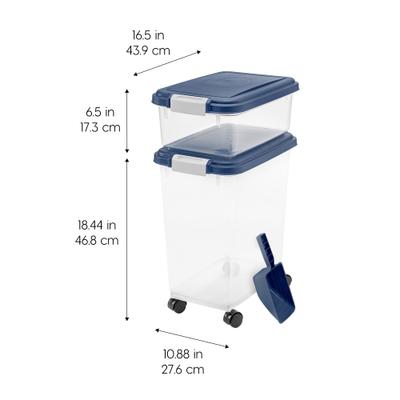 Show full view: IRIS 3-Piece WeatherPro Airtight Stackable Dog, Cat & Bird Food Storage Container Combo with Scoop & Treat Box, Clear/Navy, 35-lbs/45-qt slide 3 of 12