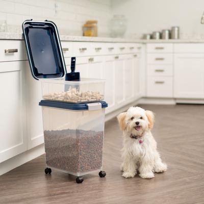 Show full view: IRIS 3-Piece WeatherPro Airtight Stackable Dog, Cat & Bird Food Storage Container Combo with Scoop & Treat Box, Clear/Navy, 35-lbs/45-qt slide 4 of 12