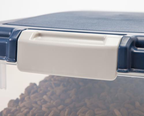 Show full view: IRIS 3-Piece WeatherPro Airtight Stackable Dog, Cat & Bird Food Storage Container Combo with Scoop & Treat Box, Clear/Navy, 35-lbs/45-qt slide 8 of 12