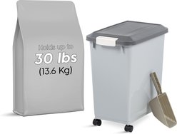 IRIS WeatherPro Airtight Attachable Wheels & Scoop Dog, Cat & Bird Food Storage Container, Gray, 30-lbs