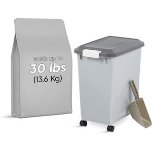 IRIS Airtight Dog & Cat Food Storage Container with Casters & Scoop, Gray, 30-lbs