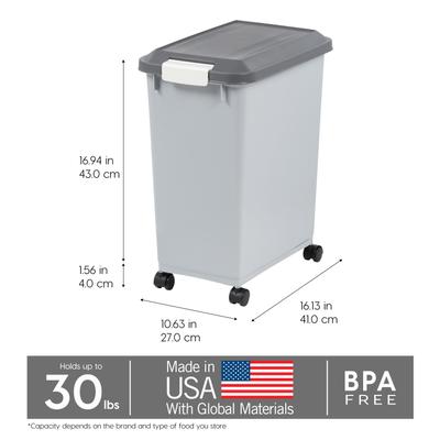 Show full view: IRIS WeatherPro Airtight Attachable Wheels & Scoop Dog, Cat & Bird Food Storage Container, Gray, 30-lbs slide 2 of 11