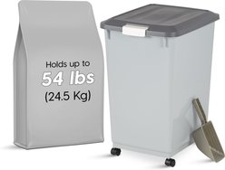 IRIS WeatherPro Airtight Attachable Wheels & Scoop Dog, Cat & Bird Food Storage Container, Gray, 54-lbs