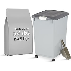 IRIS WeatherPro Airtight Attachable Wheels & Scoop Dog, Cat & Bird Food Storage Container, Gray, 54-lbs