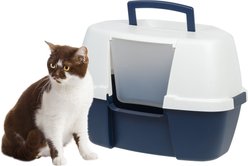 IRIS Hooded Corner Cat Litter Box with Front Door Flap, Navy