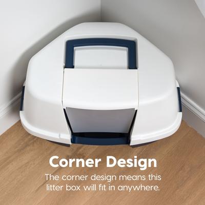 Show full view: IRIS Hooded Corner Cat Litter Box with Front Door Flap, Navy slide 3 of 10