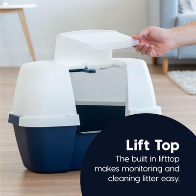 Show full view: IRIS Hooded Corner Cat Litter Box with Front Door Flap, Navy slide 4 of 10