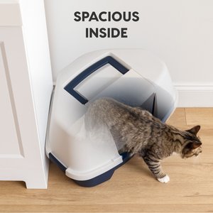IRIS Hooded Corner Cat Litter Box with Front Door Flap, Navy