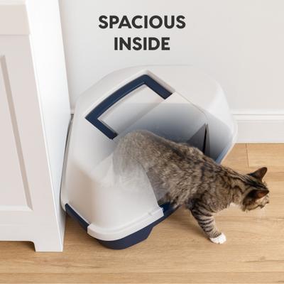 Show full view: IRIS Hooded Corner Cat Litter Box with Front Door Flap, Navy slide 5 of 10