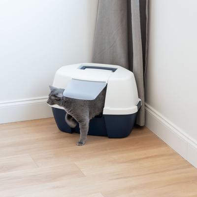 Show full view: IRIS Hooded Corner Cat Litter Box with Front Door Flap, Navy slide 6 of 10
