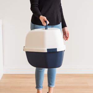 IRIS Hooded Corner Cat Litter Box with Front Door Flap, Navy