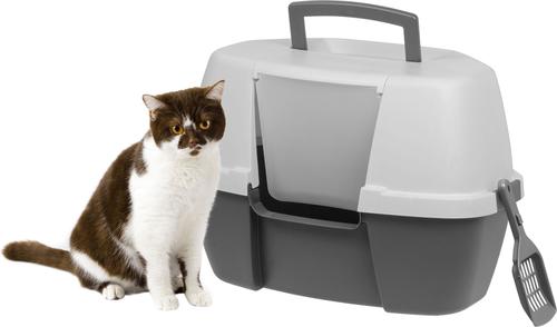 Show full view: IRIS Hooded Corner Cat Litter Box with Front Door Flap & Scoop, Gray slide 1 of 11