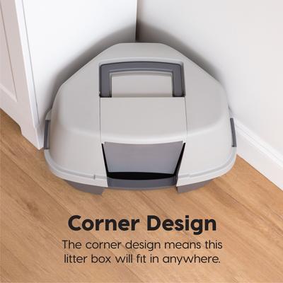 Show full view: IRIS Hooded Corner Cat Litter Box with Front Door Flap & Scoop, Gray slide 3 of 11
