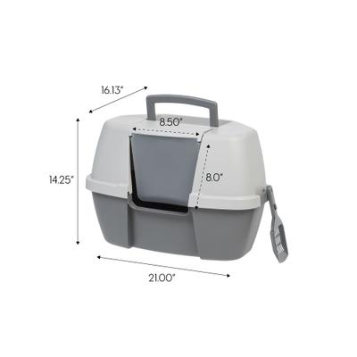 Show full view: IRIS Hooded Corner Cat Litter Box with Front Door Flap & Scoop, Gray slide 6 of 11