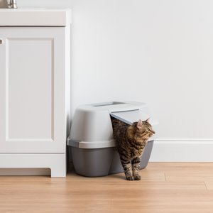 IRIS Hooded Corner Cat Litter Box with Front Door Flap & Scoop, Gray