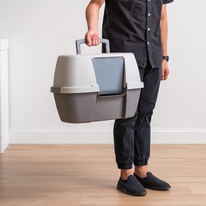 IRIS Hooded Corner Cat Litter Box with Front Door Flap & Scoop, Gray