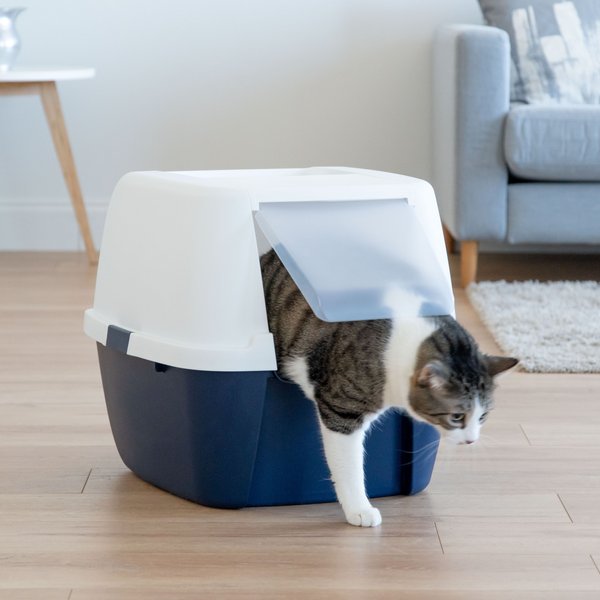 Show full view: IRIS Jumbo Enclosed Hooded Cat Litter Box with Front Door Flap, Navy slide 3 of 8