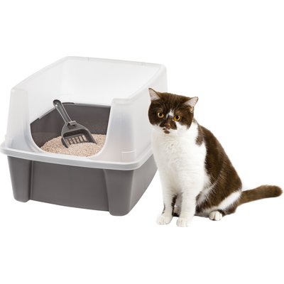 IRIS IRIS Open-Top Cat Litter Box with Scatter Shield & Scoop, Dark Gray