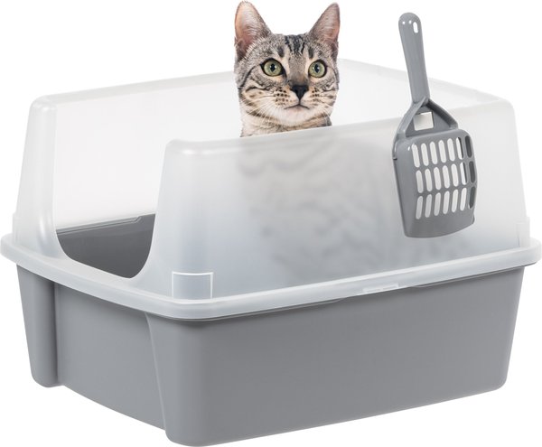 Show full view: IRIS Large Cat Litter Box with Scatter Shield & Scoop, Light Gray slide 1 of 10