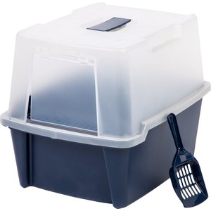 IRIS Large Hooded Litter Box with Scoop & Removable Grate, Navy